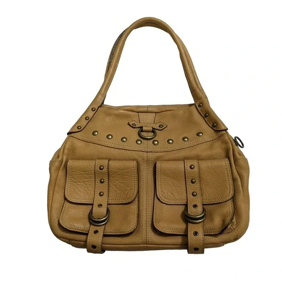 HYPE Genuine Leather Tan Satchel Hobo Bag Purse Studs Studded Bronze Hardware - Picture 1 of 9